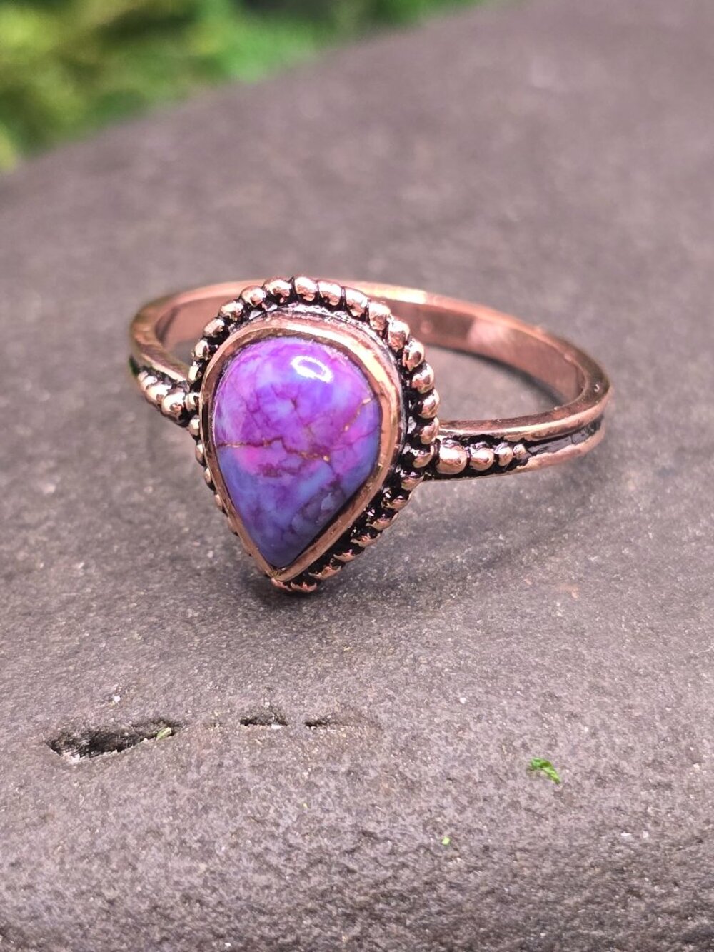 Purple Copper Oyster Turquoise Teardrop Ring Size 9 Copper Jewelry